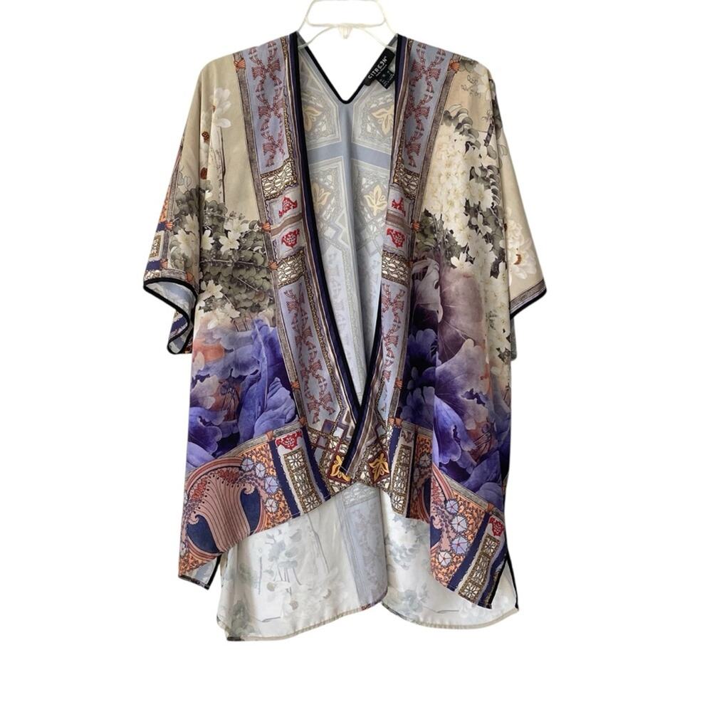Citron Santa Monica Boho Floral Open Kimono Top Purple Cream Black size 1X
